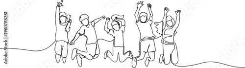 Joyful children jumping together in a continuous line art illustration,Continuous Line Drawing of Happy Children Jumping,Single one line.
