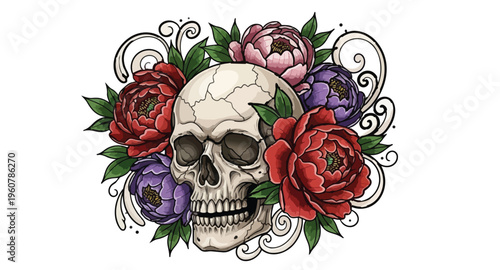 Detailed skull illustration adorned with vibrant flowers and swirls