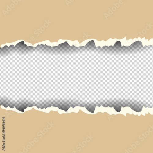 Torn brown paper with realistic shadow and rough ripped edges. Vintage textured background ideal for collage, scrapbooking, posters, branding, packaging, and creative design layouts.