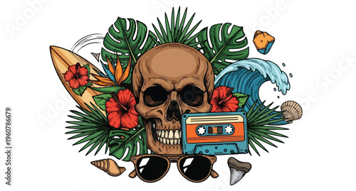 Tropical Skull with Surf Elements and Cassette Illustration