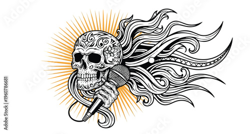 Ornate skull with microphone and flowing hair tattoo design