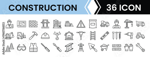 Outline Construction Icon Set in Line Art Style for Architecture, Building Sites, Machinery, Tools, and Digital Interface Design