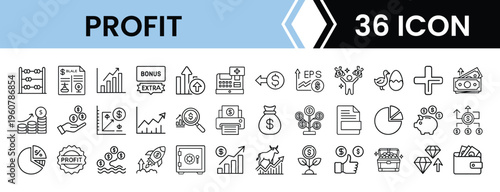 Outline Profit Icon Set in Line Art Style for Business Growth, Financial Management, Earnings, and Digital Interface Design