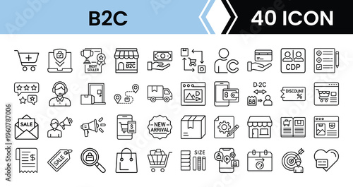 Outline B2C Icon Set in Line Art Style for Business to Consumer, Retail, Customer Experience, Online Sales, and Digital Interface Design