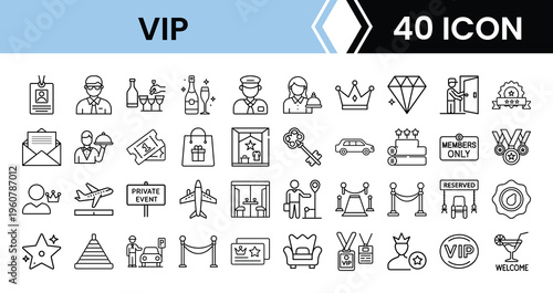 Outline VIP Icon Set in Line Art Style for Luxury, Premium Membership, Exclusive Service, High Class, and Digital Interface Design