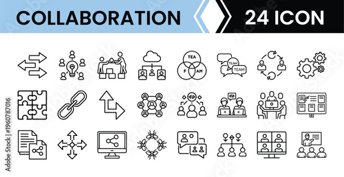 Outline Collaboration Icon Set in Line Art Style for Teamwork, Partnership, Communication, Group Work, and Digital Interface Design