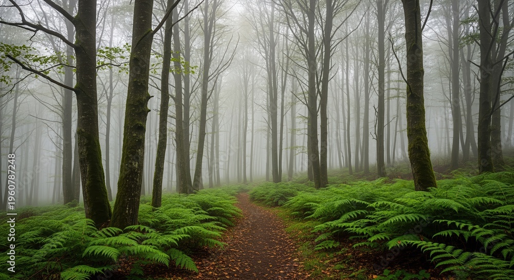 Fototapeta premium A misty forest path winds through tall trees with green moss and ferns. Sunlight filters through fog, creating a peaceful atmosphere. Perfect for nature themes, meditation, and outdoor adventure.
