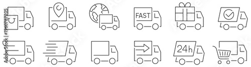 Delivery truck icon. Logistic truck. Express delivery trucks. Free delivery. Fast shipping truck. Editable stroke. Vector illustration