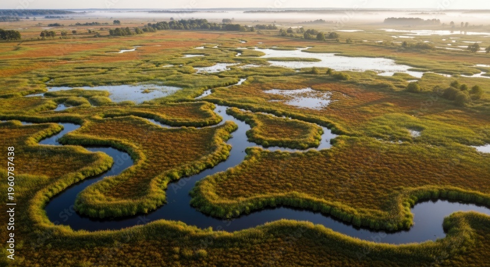 Naklejka premium Aerial view of a winding river through a grassy wetland