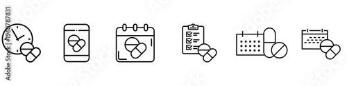 Medicine schedule icon vector set. Medication reminder Illustration sign collection. Pill timetable symbol or logo.