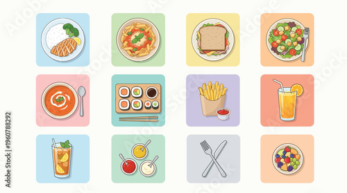 A grid of twelve colorful illustrations depicting various food dishes, beverages, and dining essentials like cutlery and condiments, presented in a flat design style.
