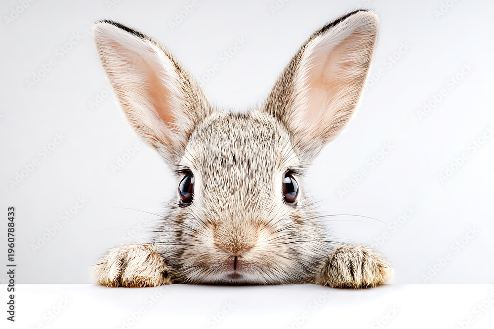 Fototapeta premium Rabbit peeking over a blank banner isolated on white background.