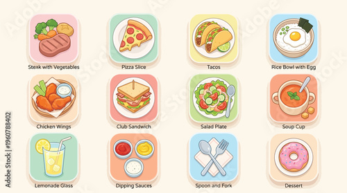 A grid of twelve cartoon-style food and drink icons including steak, pizza, tacos, chicken wings, sandwiches, salads, soup, lemonade, sauces, and dessert.