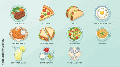 A collection of various illustrated food and drink items including steak, pizza, tacos, sandwiches, salads, soups, and lemonade, presented as menu icons.