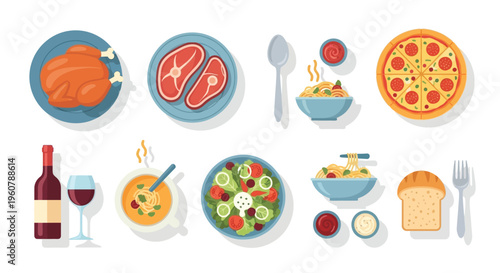 A vibrant flat lay illustration showcasing a diverse collection of food and drink items, including roasted chicken, steaks, pizza, pasta, salad, soup, wine, and bread.