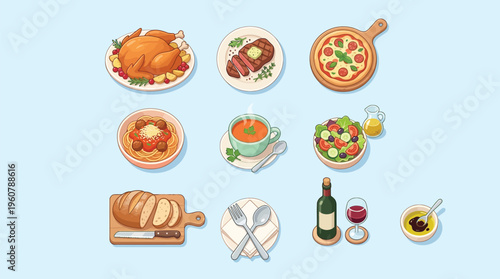 A collection of various delicious food items and drinks including roasted chicken, steak, pizza, pasta, soup, salad, bread, wine, and cutlery on a light blue background.