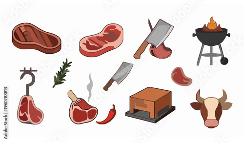 Steak BBQ cartoon icon set meat food vector