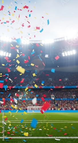 A soccer stadium with confetti falling from the sky, FIFA World Cup 2026, World Cup, World Cup 2026 with Soccer Ball, Vibrant Stadium, International Flags, Global Football Celebration