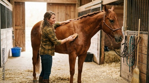 Woman grooming brown horse in rustic barn