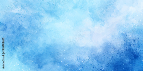 Abstract blue watercolor texture background featuring a white summer cloudscape pattern of soft light and clouds in a clear nature sky