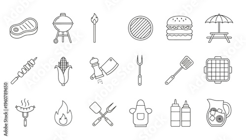 A collection of barbecue icons including food, utensils, and grill tools on a picnic table outdoor setting with jbsdk ai reference