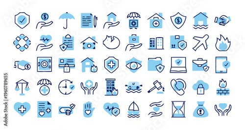 A collection of various icons representing different concepts and objects on a white background