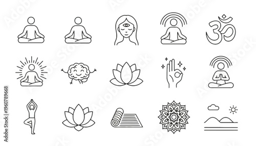 Meditation symbols and yoga poses are illustrated with various icons.