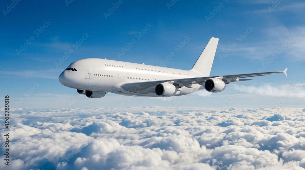 Obraz premium White airplane Airbus A380 double decker passenger aircraft flying side view in the blue sky above thick white clouds for airline advertisement and travel business promotion high resolution
