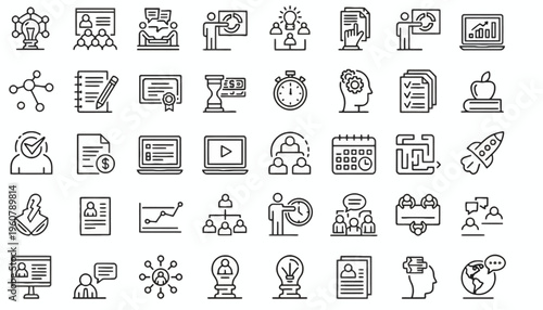 Various business icons are shown on a single screen.