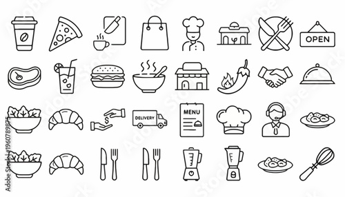Various food and drink icons displayed on a clean white surface