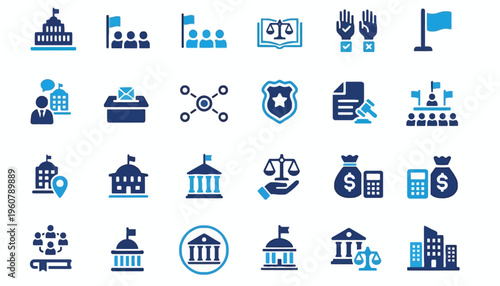 Various law and government icons are shown on a white background