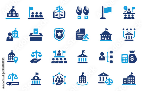 An illustration of law and government icons depicts various legal symbols and people in a professional setting with buildings and documents.