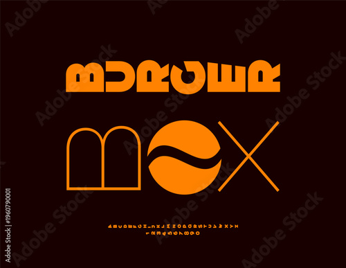 Vector Promo concept Burger Box with Artistic Emblem. Typography Rotated Font. Cool Digital Alphabet Letters and Numbers set.