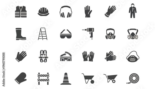 Construction worker icons showcase various safety gear and tools on a site
