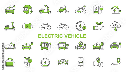 Electric vehicle icons showcase various eco-friendly transportation modes and symbols