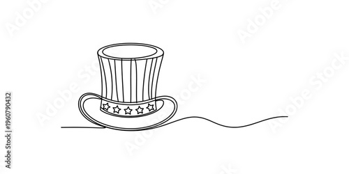 Continuous line drawing of an uncle sam top hat with stars and stripes for independence day