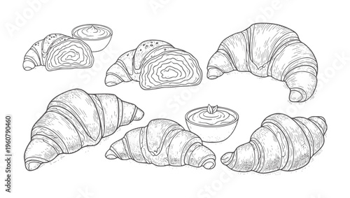 Hand drawn croissants and dipping bowls with spread pastry food baking breakfast