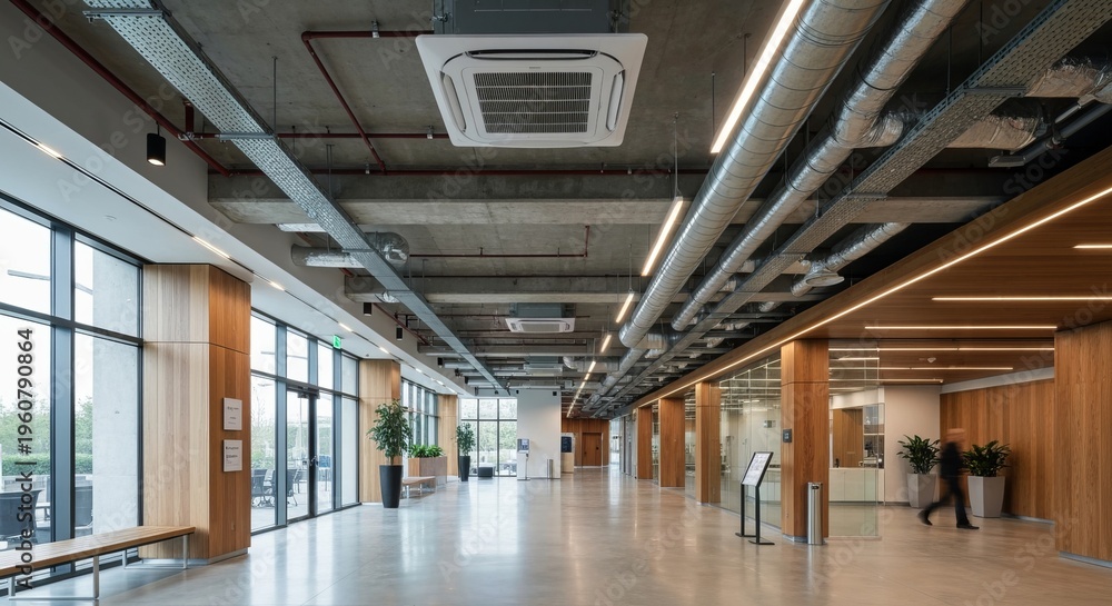 Obraz premium Contemporary Commercial Interior Design Featuring Exposed HVAC System in Modern Open Office Space