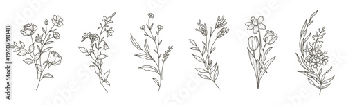 Floral botanical line art. Small hand drawn bouquets. Elegant elements of wild and garden plants, branches, leaves, flowers, herbs. Vector illustration for logo, tattoo, wedding invitation, save the d