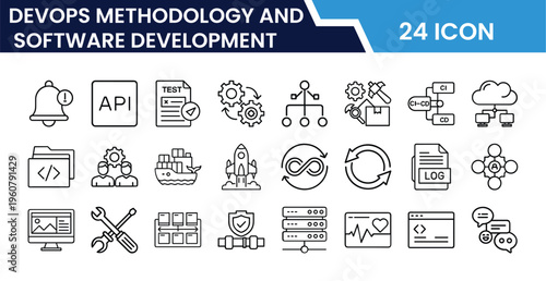 Outline DevOps Methodology and Software Development Icon Set in Line Art Style for CI/CD, Automation, Cloud, Coding, Programming, Workflow, and Digital Interface Design