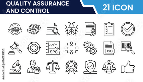 Outline Quality Assurance and Control Icon Set in Line Art Style for Testing, Inspection, Certification, Standards, Quality Check, Process Control, and Digital Interface Design