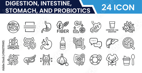 Outline Digestion, Intestine, Stomach, and Probiotics Icon Set in Line Art Style for Gut Health, Digestive System, Microbiome, Nutrition, and Digital Interface Design