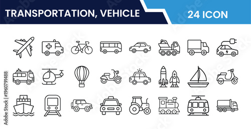 Outline Transportation and Vehicle Icon Set in Line Art Style for Car, Bus, Truck, Bike, Train, Airplane, Travel, and Digital Interface Design