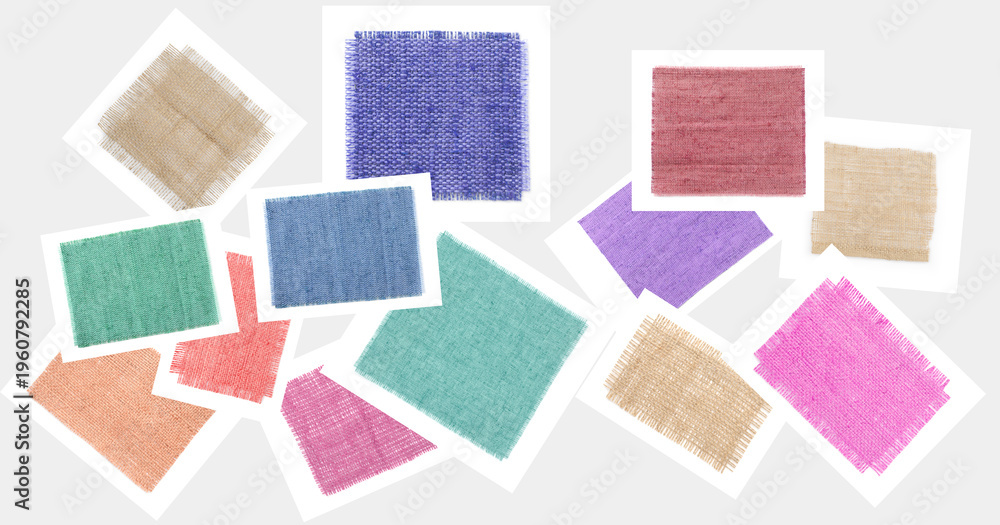 Fototapeta premium Pieces of natural burlap fabric in different colors on light grey background, set