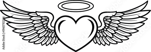 Angel wings heart symbol, love and protection icon, heavenly romance design, spiritual emblem, valentine concept, cad drawing flat vector illustration
