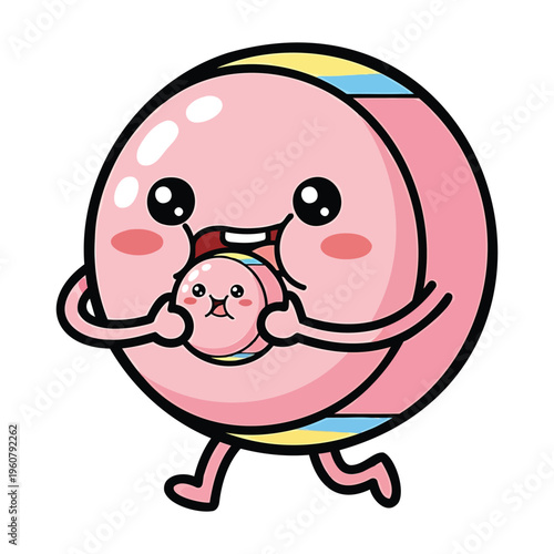 Cute cartoon chewing gum character hugging small pink creature