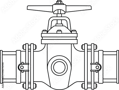 Industrial pipeline valve, gate valve system, mechanical equipment, fluid control device, engineering infrastructure, piping technology, cad drawing flat vector illustration