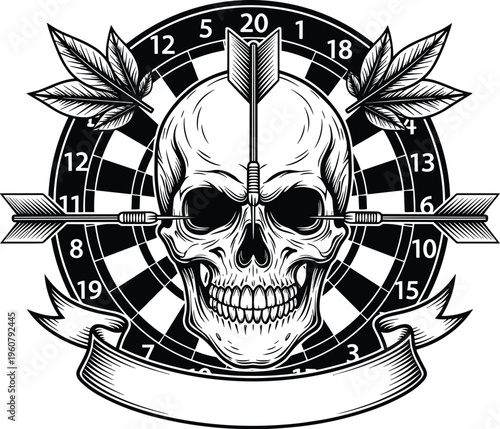 Skull dartboard target design, arrows and leaves emblem, vintage tattoo style illustration, game accuracy concept, cad drawing flat vector illustration