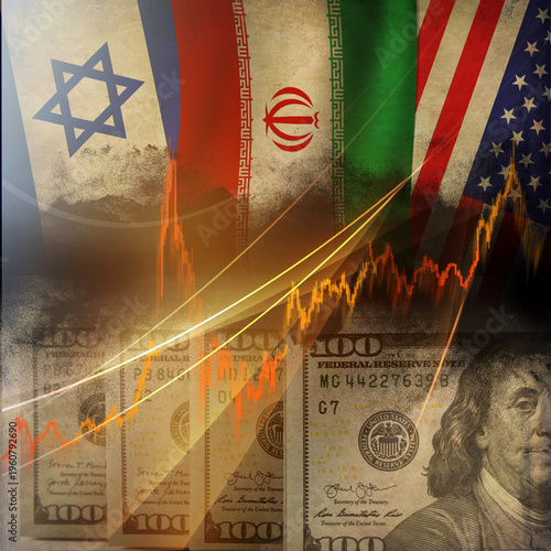  A conceptual story about a military confrontation in the Persian Gulf with the flags of Iran, Israel, the United States and the shells of $100 bills.