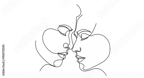 Minimalist couple kissing, one line art romance, elegant abstract faces